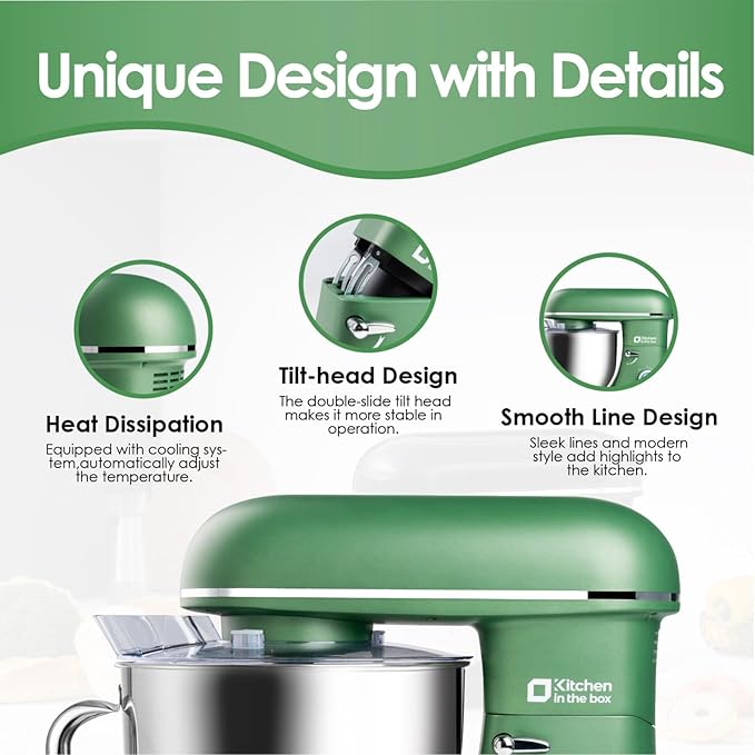 Kitchen in the box Stand Mixer - 8.5 Quart Mixing Bowl with Handle, 900 Watt Heavy Bread Dough Standing Mixers Tilt-head with Dough Hook, Whisk, Flat Beater and Splash Guard (Green)