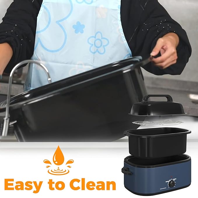 28 Quart Electric Roaster Oven with Visible & Self-Basting Lid, Large Turkey Roaster with Defrost Warm Function, Adjustable Temperature, Removable Pan Rack, Stainless Steel, Blue