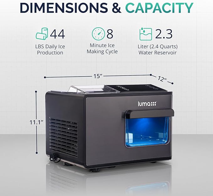 Luma Nugget Countertop Ice Maker, 44 lbs in 24 Hours, Black Stainless Steel Ice Machine, Perfect for Home Bar, Kitchen Countertop, RV, Home Office