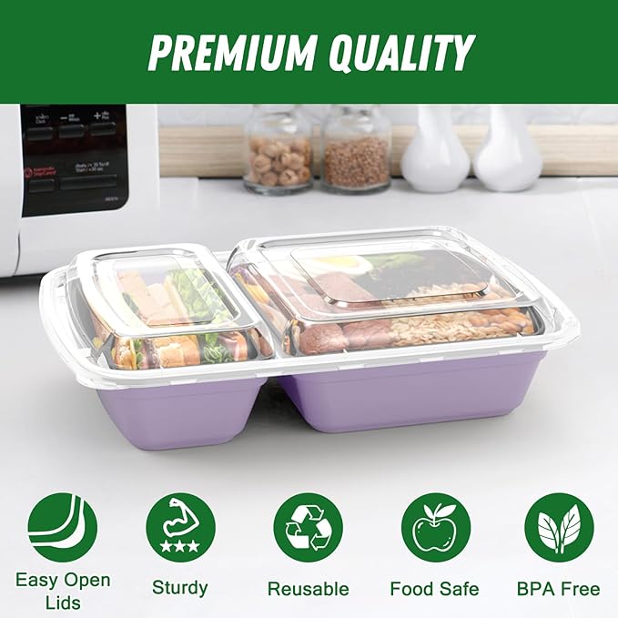 Dealusy 50 Pack (100-Piece) 28 oz Meal Prep Containers Reusable with Lids 2-Compartment, Sturdy Leakproof Food Safe, Microwave Freezer Dishwasher Safe, To Go Take Out Plastic Food Storage, Lilac