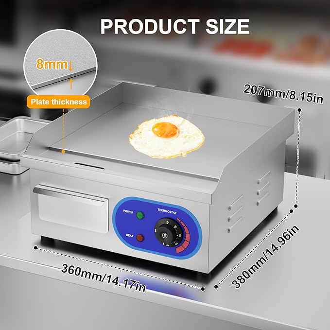 DULONG Electric Flat Top Grill,1500W Electric Flat Top Griddle,14" Stainless Steel Commercial Griddle with Thermostatic Control for Kitchen BBQ