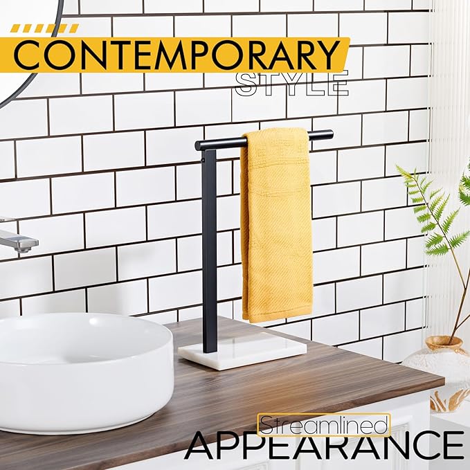KOKOSIRI Hand Towel Rack Stand Towel Holder with Steady Marble Base for Bathroom Vanity Countertop, Matte Black Stainless Steel 15.7'' Height THS0006-BK