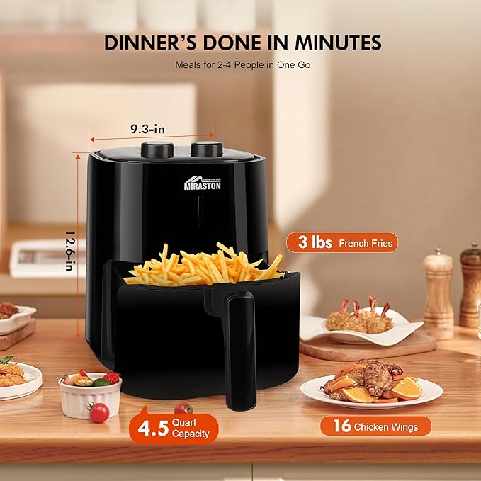 4.5QT Air Fryer, Classic Black Dials Control for Small Place Dorm Apartment Office, Easy Cooking for Breakfast, Dinner, Snacks, Nonstick Square Basket, Dishwasher Safe, Fit for 1-3 People
