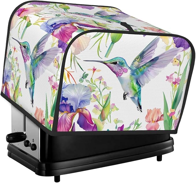 Toaster Cover 4 Slice Spring Hummingbird Iris Floral Waterproof Appliance Cover with Hang Loop Bread Baker Toaster Cover for Kitchen