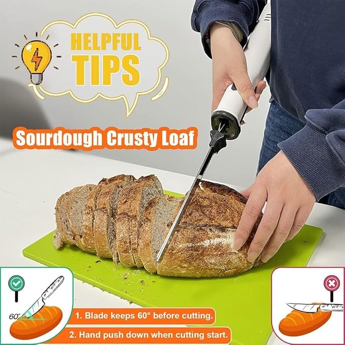 Electric Carving Knife Bread Knife, Cordless Rechargeable Meat Cutting Knife with 2 Serrated 8 Inch Stainless Steel Blades and Safety Lock for Bread, Vegetables, Fruits, Delicatessen