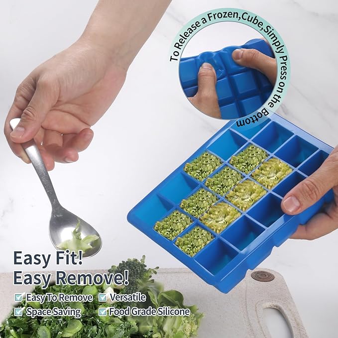 1 Tbsp Silicone Freezer Molds - Perfect for Storing Garlic, Herbs, Ginger, Pesto, Tomato Paste, Lemon Juice,Vegetable Purees,Purees and More - Silicone Food Freezer Tray(Blue 4 Pack)