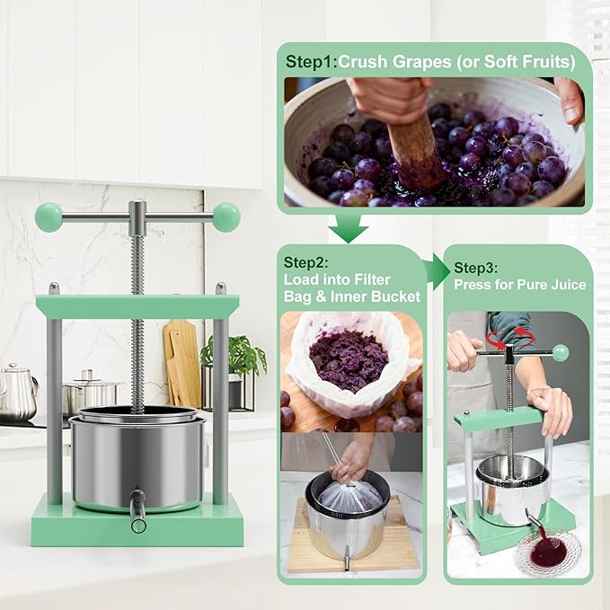 EJWOX 0.53 Gallon Fruit Press, 2L Stainless Steel Manual Food Press with Filter Bag, Compact Apple & Wine Press for Cider, Honey, Herbs & Cheese, Small Batch Home Use