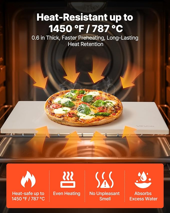 VEVOR Pizza Stone, 20 x 14 x 0.6 in Rectangular Cordierite Pizza Stone, 1450℉ Heat-Resistant Cook Stone, Extra Large Baking-Stone with Metal Peel, Scraper, for Kitchen Bake Oven, BBQ Grill