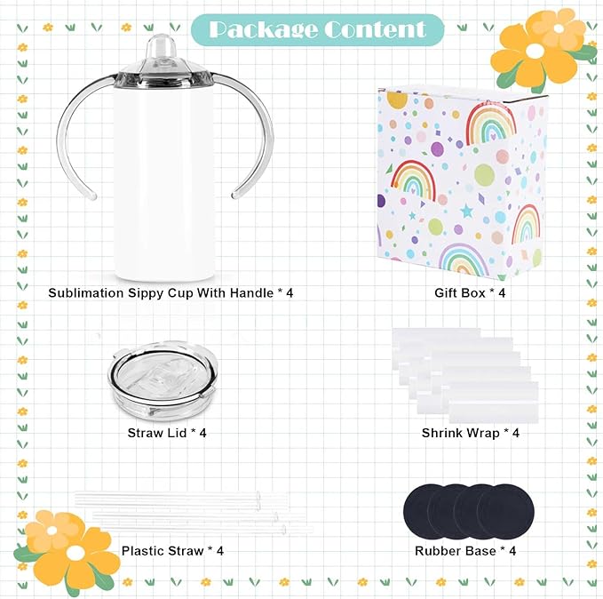 12 Oz Sublimation Sippy Cup 4 Pack, Kids Sublimation Sippy Tumblers, Stainless Steel Todder Water Bottle