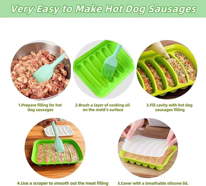 Silicone Sausage Mold 2 Pcs with a Set of Silicone Brush Spatula and 25x Pastry Bags, Non-Stick Hot Dog Bun Pan, DIY Handmade Ham Sausage, Hot Dogs Baking Mold for Children's Food with Lid, Orange