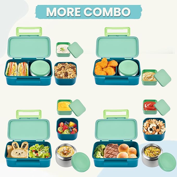 PIQUEBAR Kids Lunch Bento Box with Thermo Ice Pack Food Container with Insulated Lunch Bag, Insulated Water Bottle with Straw for Girls Boys, (A-Green)