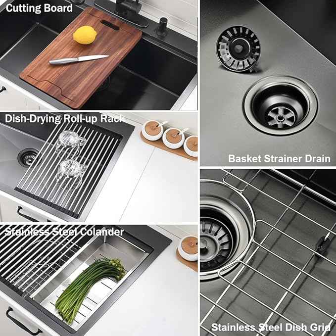 30 Inch Black Drop in Kitchen Sink Workstation -VOKIM 30 x 22 - Inch Drop in sink 16 Gage Stainless Steel TopMount sink Single Bowl 10'' Deep Kitchen Sink with Cutting Board