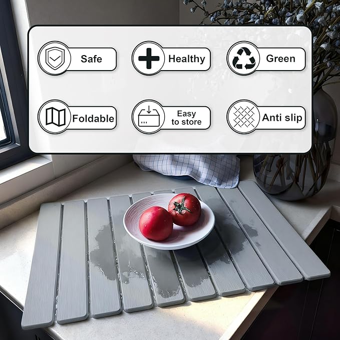 Large Stone Dish Drying Mat for Kitchen Counter, 24"×16" Quick Dry Collapsible Diatomaceous Earth Mat – Super Absorbent Foldable Drying Pad for Dishes (Light Gray, 23.2" x 15.4")