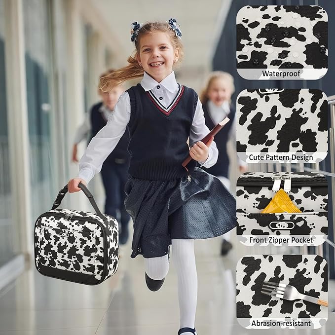 Lunch Box Kids Insulated Lunch Bag for Boys Girls Cute Reusable Lunch Tote Bag Waterproof Portable Thermal Lunch Box Kids for School Picnic Travel Cow Print