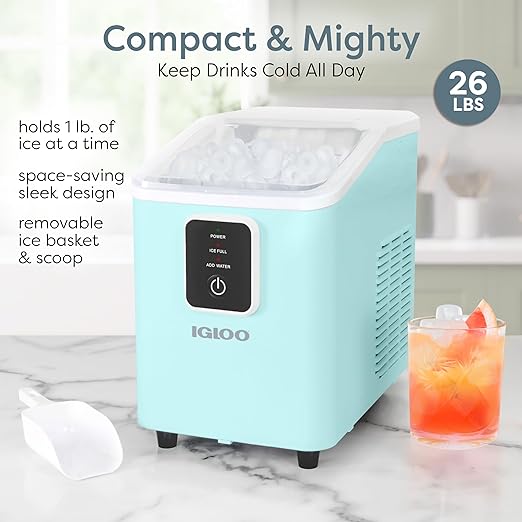 Igloo Portable Ice Maker with Scoop & Basket- Ice Maker with LED Control Panel & 1 Quart Water Tank- Ice Cube Maker Produces 26 Lbs Of Ice In 24 Hours with 8 Large or Small Cubes In 7-8 Minutes - Aqua
