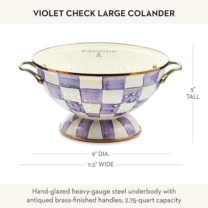 MACKENZIE-CHILDS Enamel Colander, Decorative Kitchen Strainer, Large, Purple-and-White Violet Check