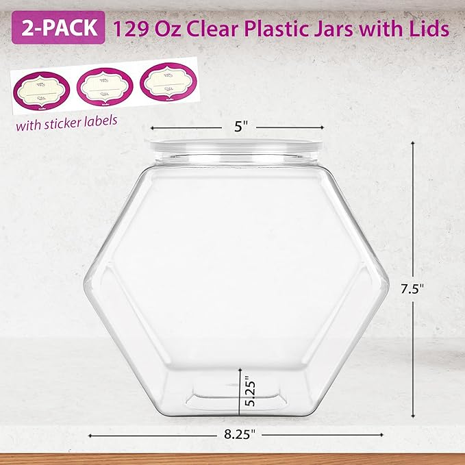 DilaBee 2-Pack Plastic Cookie Jar - 1 Gallon Hexagon Candy Jars with Lids for Candy Buffet, Kitchen & Office - Clear Jars with Lids for Cookies, Candies & Dry Food - Plastic Jar with Labels - BPA-Free