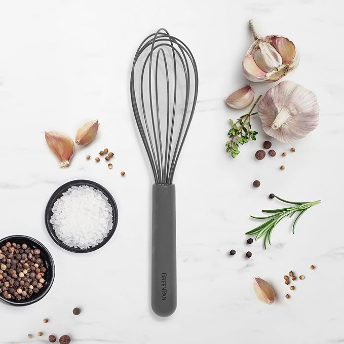 GreenPan Silicone Whisk, Mixing Blending Beating Stirring Cooking Kitchen Utensil, Flexible Rubber Nonstick Cookware, Rigid Steel Core, Heat-Resistant, Anti-Slip Handle, BPA-Free Dishwasher Safe, Gray