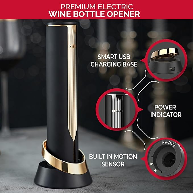 Levare – Electric Wine Set, Rechargeable Wine Saver Vacuum Pump with Stoppers and Automatic Bottle Opener with Foil Cutter, USB Charging Base, Ideal Gift for Holidays, Kitchen, Home, Wine Enthusiasts.