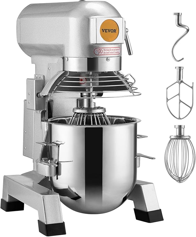 VEVOR Commercial Mixer, Commercial Food Mixer 10Qt Stainless Steel Bowl, 450W Commercial Stand Mixer with 3 Speeds Adjustable, Dough Hook Whisk Beater Included, Perfect for Bakery Pizzeria, Silver