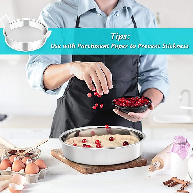 P&P CHEF 9.5 Inch Cake Pan, 1 Piece Round Layer Cake Baking Pans, Stainless Steel Smash Cake Tin Bakeware for Cooking Steaming, Nontoxic & Sturdy, Oven & Dishwasher Safe