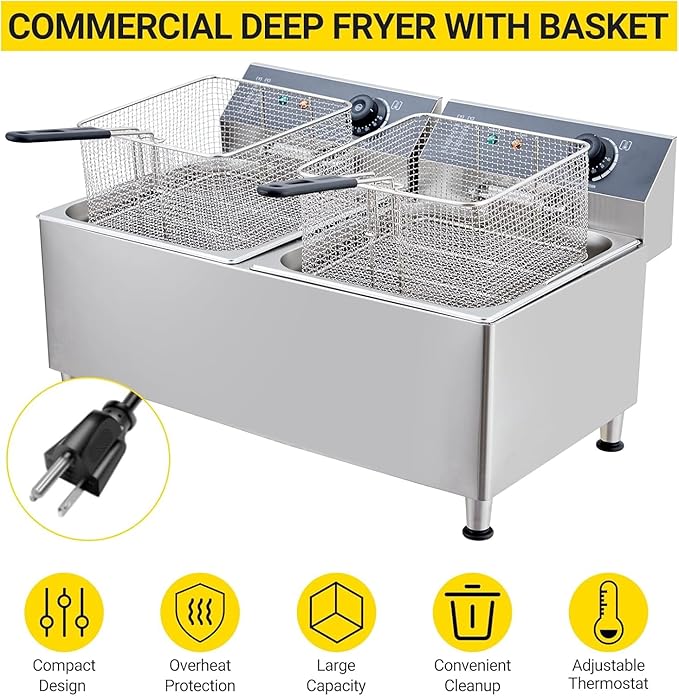 23.2 QT/22 L Commercial-Grade 3400W Deep Fryer，2 Extra-Thick Baskets with 304 Stainless Steel, Electric Fryer Splash Guard Lid & Adjustable Thermostat for Restaurant, Catering, Home Kitchen