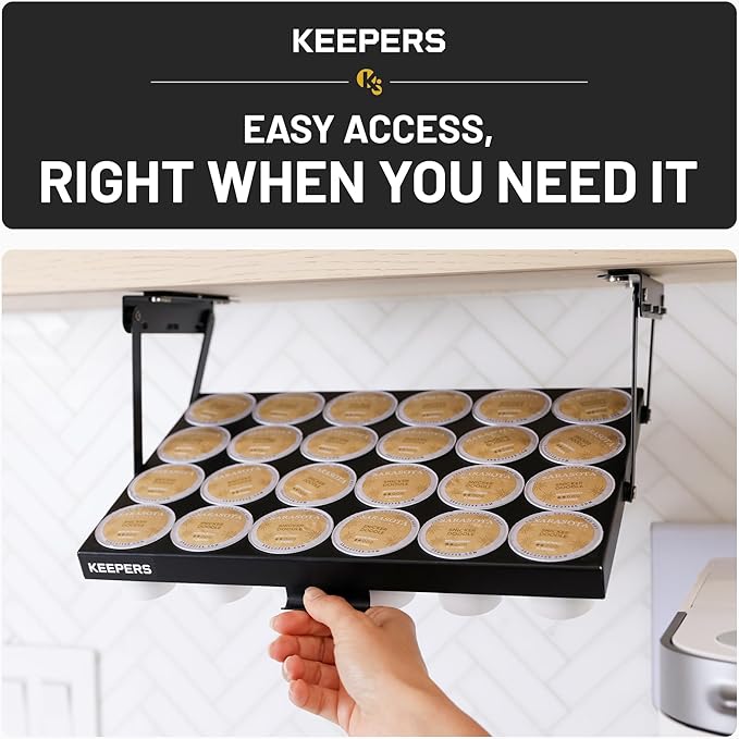 COFFEEKEEPERS KEEPERS Under Cabinet K Cup Holder with Swing-Down Access – Space-Saving Coffee Pod Holder and K Cup Organizer for 24 Pods – Steel Coffee Pod Organizer with Easy DIY Installation