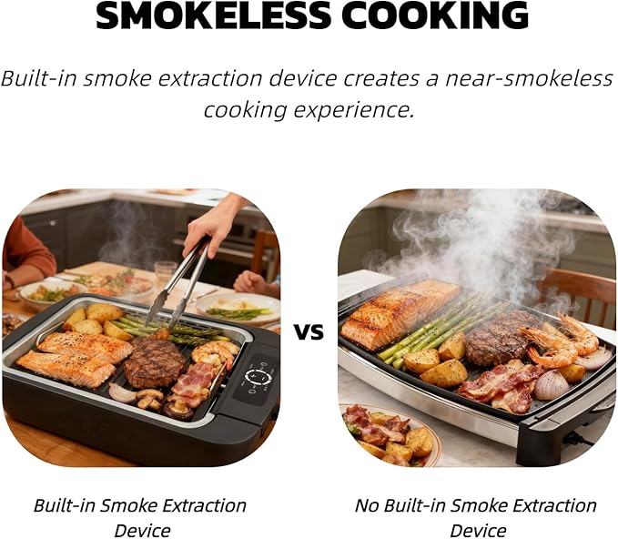 Indoor Smokeless Grill & Griddle, 1100W Electric Gill for BBQ, Smoke Extraction Device, 6-Speed Temperature Control, Non-Stick ‎Grill Plate with Oil Drain Holes, Dishwasher Safe, 5-Serving
