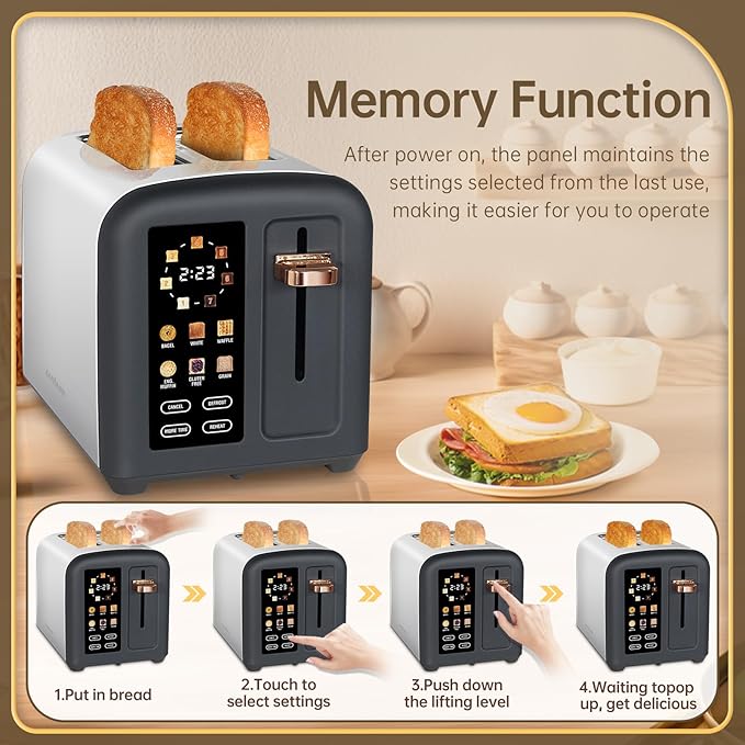 SEEDEEM Toaster 2 Slice, Full Touch Control Stainless Toaster, LCD Display, 50% Faster Heating Speed, 6 Bread Type, 7 Shade Setting, 1.5''Wide Slots, Removable Crumb Tray, 1350W, Dark Chocolate