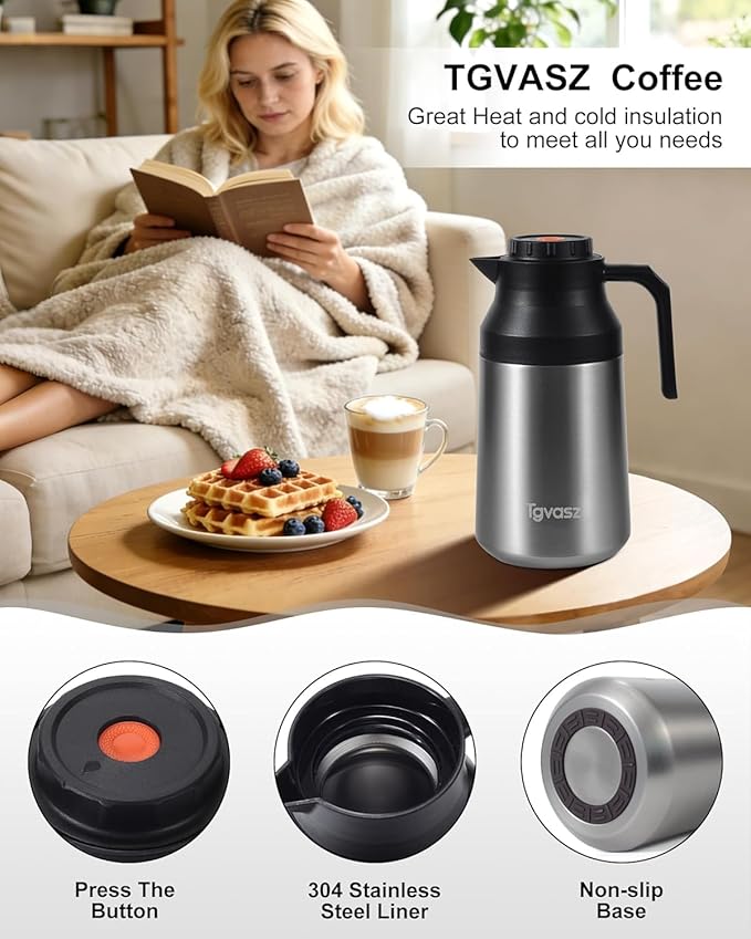 Thermal Coffee Carafe Insulated Stainless Steel Coffee Carafe for Hot Liquid Vacuum Thermal Pot Creamer Pitcher Dispenser Keeping Hot Water Milk (silver68 oz)