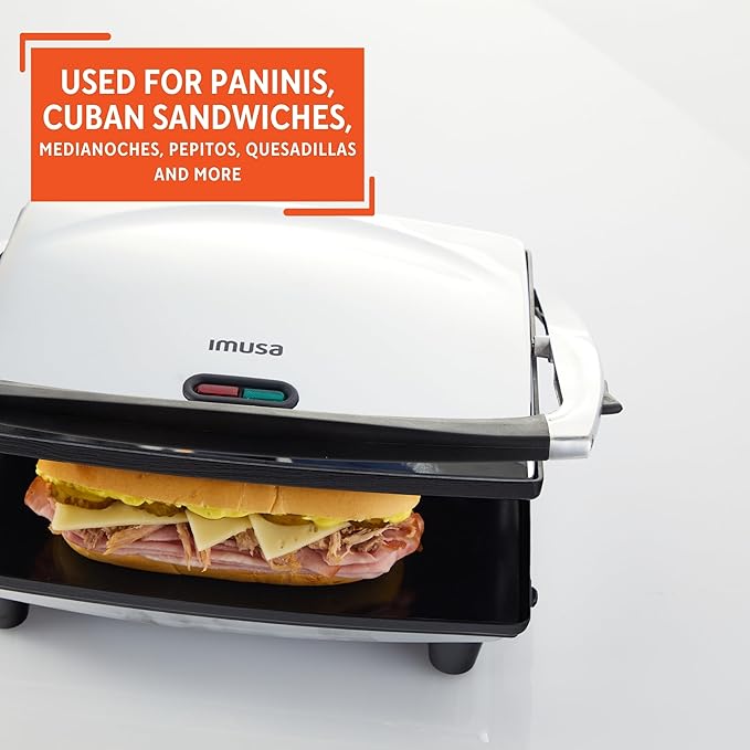 IMUSA 12x10in Stainless Steel Electric Panini Press with Temperature Control, Nonstick Plates for Sandwiches, Grilled Paninis, Quesadillas, and More