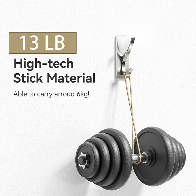 pickpiff Brushed Nickel Self Adhesive Coat Hooks for Hanging: 13LB Extra Strong Stainless Wall Hook for Towel, Utensil, Backpack, Hat, Sturdy Metal Hanger for Bathroom, Kitchen, Door, 10 Pack