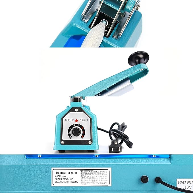 Sealer Pro, Patented 12inch Impulse Heat Bag Sealer, 7mm Sealing Width Poly Bag Seal Machine, 2 Replacement Kits 2 Fuses Included, Blue