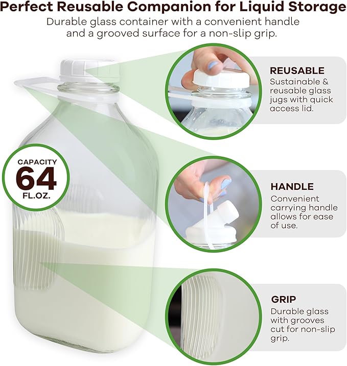 The Dairy Shoppe Heavy Glass Milk Bottles - Jugs with Lids and Silicone Pour Spouts - Clear Milk Containers for Fridge - Reusable Glass Milk Jug Dispenser - Made in USA (64 oz, 2 Pack)