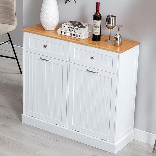 Gitua Double Tilt Out Trash Cabinet 20 Gallon, Freestanding Wooden Kitchen Trash Recycling Cabinet with Drawer & Removable Cutting Board, Dog Proof Trash Can Cabinet, White