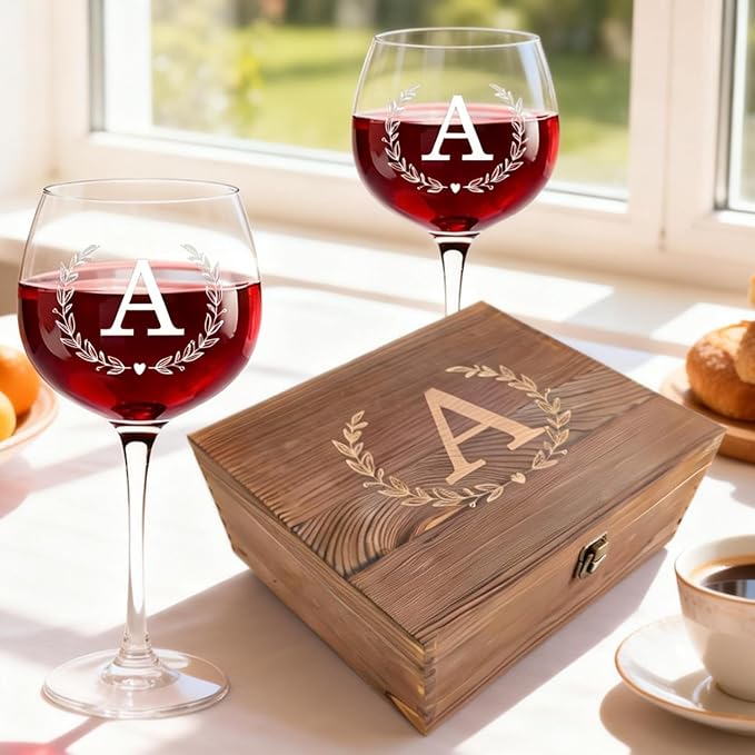 GZLDGIFTS Personalized Initial Wine Glasses Box Gift Set For Women Mom Engraved Birthday Monogrammed Wooden Christmas Gifts Wedding Anniversary Wine Couples Stopper Opener Initial Letterr (A Set)