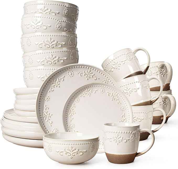 Artena Plates And Bowls Sets, 24 Pieces Dinnerware Sets, Dish Set For 6, Ceramic Kitchen Bowl And Plate Set, Embossed White Dishware Sets, Dishwasher & Microwave Safe (Damask Floral) (With Mugs)