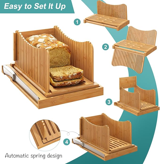 Large Bamboo Bread Slicer with Serrated Knife, Adjustable Bread Slicer Guide with 3 Thickness Size, Foldable Compact Chopping Cutting Board with Crumb Tray (Extra A - with Knife)