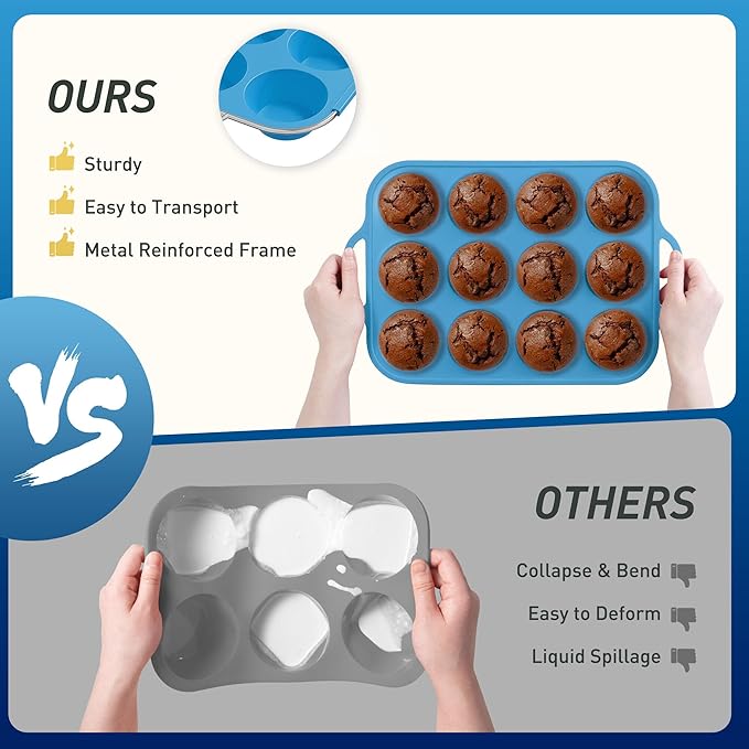 Socisen 12 Cups Silicone Muffin Pan with Metal Reinforced Frame Regular Size Cupcake Pan Tray Egg Bites Silicone Circle Cookie Molds Muffin Tin Tray Tart Pans Kitchen Baking Mold Tools for Cooking