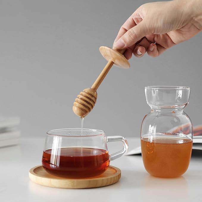 Viva Handmade Small Glass Honey Jar with Dipper and Lid – Borosilicate Glass Honey Container Dispenser, No-Drip Wood Stick for Smooth Pouring – 10 oz / 300 ml for Kitchen & Tea Ritual