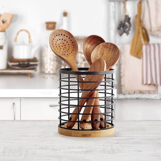 Utensil holder for Kitchen Counter - 5.2" x 5.2" x 6" Large Round with Wooden Base Matte Black Cooking Utensil Holder Utensil Organizer (Metal+Bamboo)