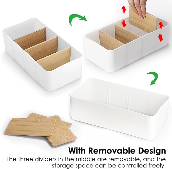 BSTKEY Seasoning Packet Organizer, Food Storage Organizer with Divided 4 Bamboo Wood Compartments, Plastic Storage Caddy for Kitchen Pantry Cabinet, Kitchen Organization Bin for Snacks Spice Packets