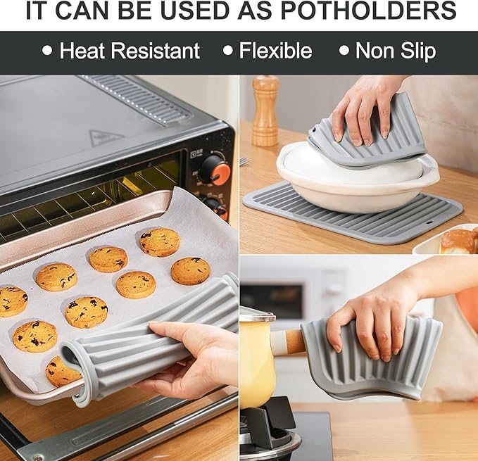9"x12" Large Silicone Trivets for Hot Pots and Pans, Hot Dishes, 2 Heat Resistant Non Slip Mats for Countertop Table, Silicone Pot Holders Hot Pads for Kitchen, Food Grade & BPA Free, Gray