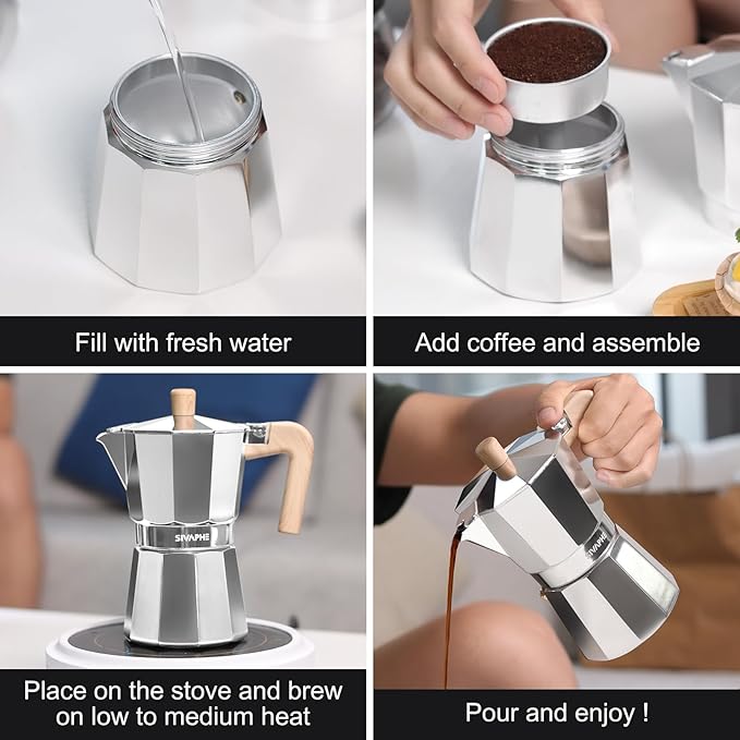 Sivaphe Aluminum Moka Pot Stovetop Espresso and Coffee Maker and French Press Coffee/Tea Maker with Bamboo Lid and Hand