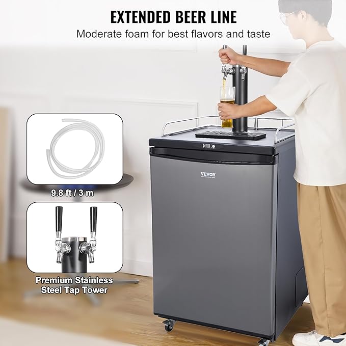 VEVOR Beer Kegerator, Dual Tap Commercial Draft Beer Dispenser for D system, Full Size Keg Refrigerator with 5lbs CO2 Tank, Hold 2 Sixth / 3 Ball lock keg, Silver