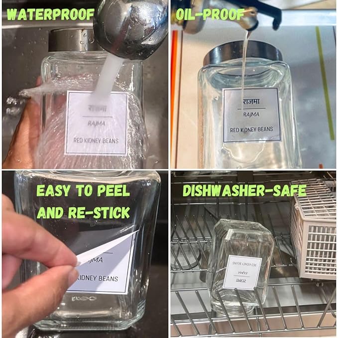 136 Printed Indian Hindi Bilingual Plus 40 Blank Kitchen Pantry Labels, Minimalist, Waterproof, Dishwasher-Safe, Easy to Remove and Re-Stick