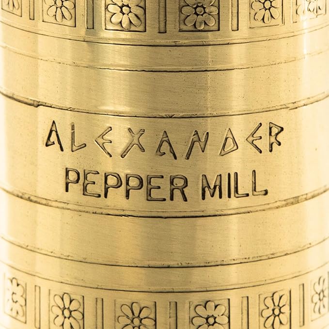 Alexander Home The Original Greek Pepper Mill 8 Inch Tall | European Pepper Mill Grinder with Crank Handle | Manual Pepper Grinder | Peppercorns Refillable - Brass