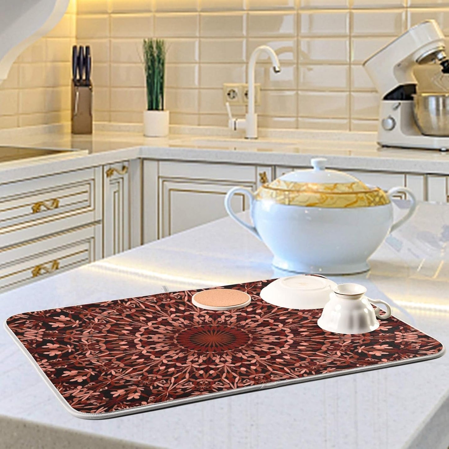 Super Absorbent Dish Drying Mat, Microfiber Fast-Drying Dish Mat, 24" x 18", Kitchen Dish Drying Pad, Mandala Maroon Boho