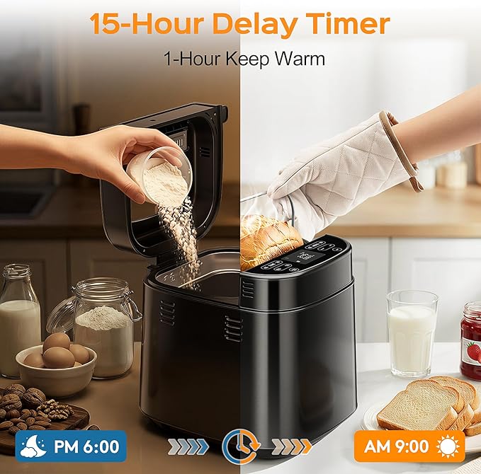 2.5LB Bread Maker with Built-in Electronic Scale, 25-in-1 Bread Machine, Beginner-Friendly with Adjustable Baking & Fermentation, Non-Stick Easy-Clean Pan, Quiet, 15H Delay, Recipes, Black