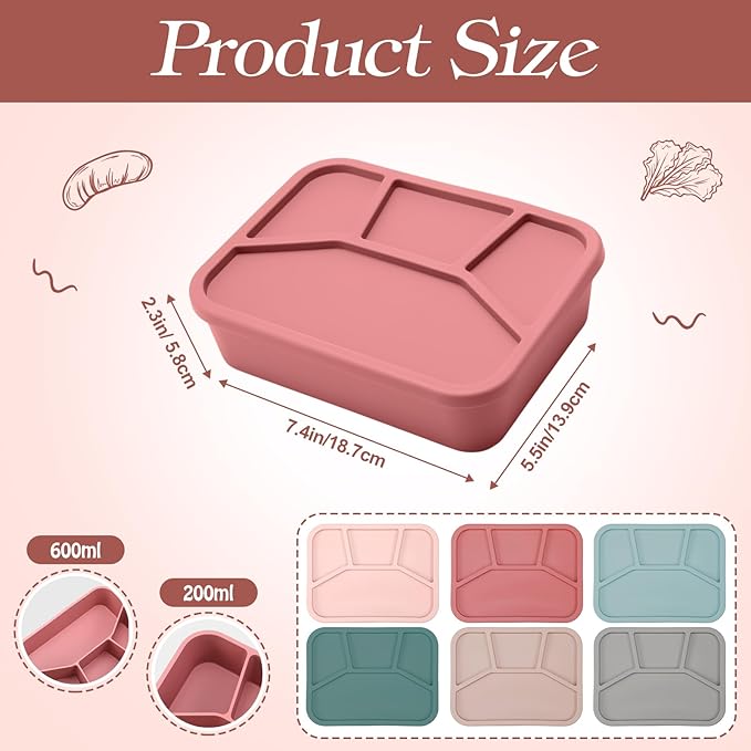 Honeydak 6 Pcs Silicone Bento Box Reusable Lunch Container 4 Compartment Snack Boxes with Lid Smooth LeakProof Rectangle Food Boxes for Adult Work Travel Food Storage(Classic Color)